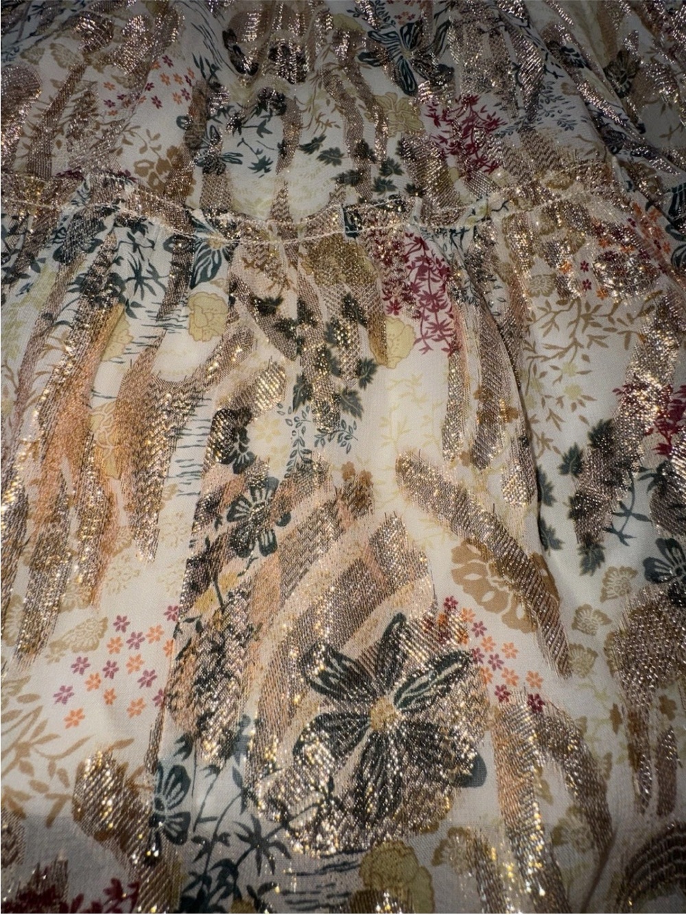 Daniel Rainn Eileen Sleeveless Maxi Dress Gold Floral Lurex Smocked Waist S - Picture 7 of 16
